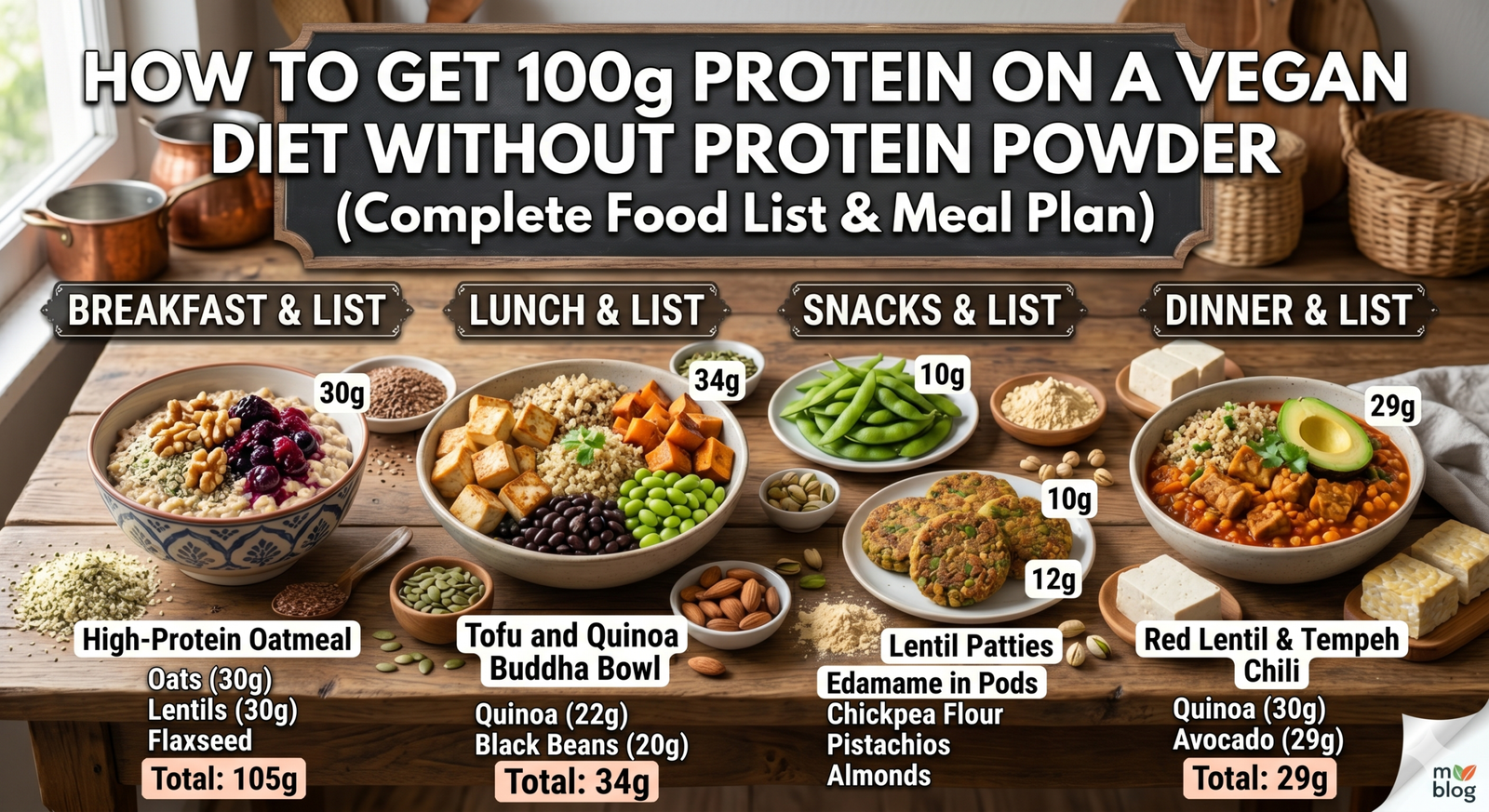How to Get 100g Protein on a Vegan Diet Without Protein Powder (Complete Food List & Meal Plan)