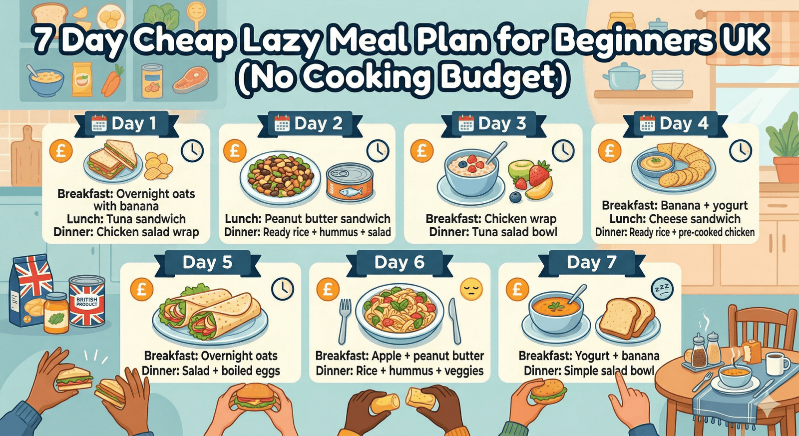 7 Day Cheap Lazy Meal Plan for Beginners UK (No Cooking Budget)