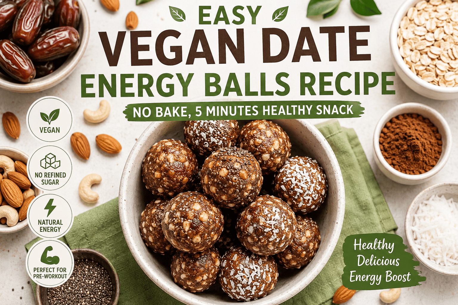 Easy Vegan Date Energy Balls Recipe (No Bake, 5 Minutes Healthy Snack)